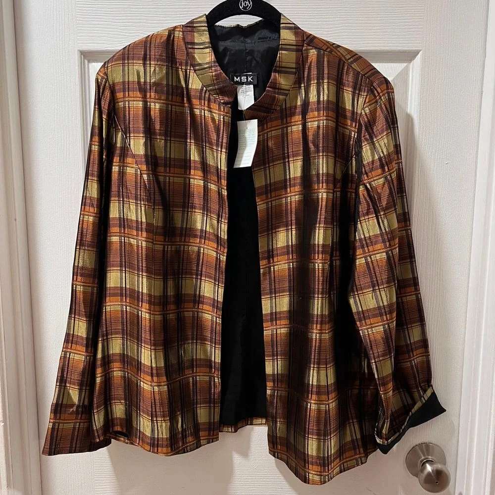 MSK Plaid Open Front Jacket Blazer Brown Gold Metallic Shimmer Evening Wear-XL‎